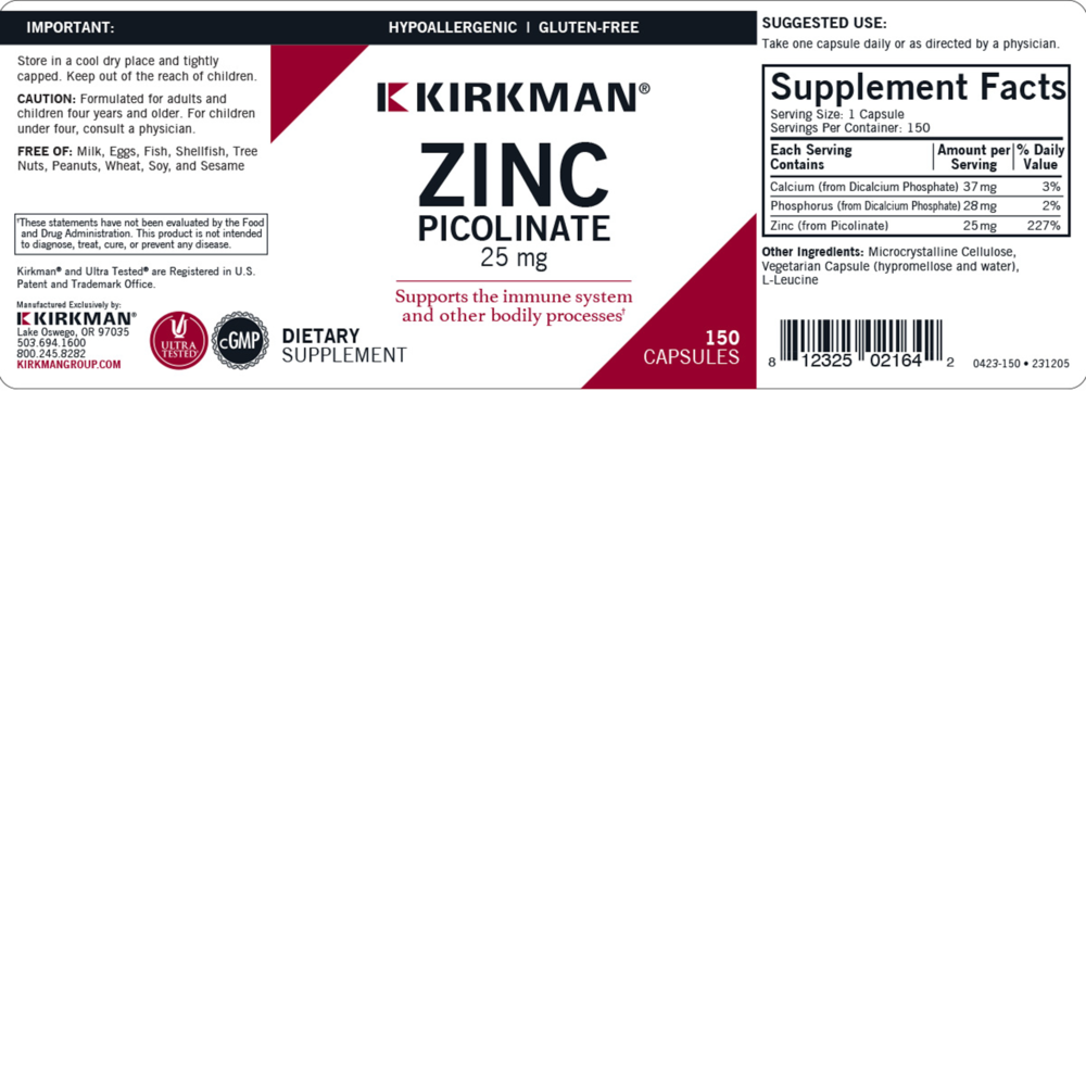 Product image for Zinc Picolinate 25 mg Capsules - Hypoallergenic.