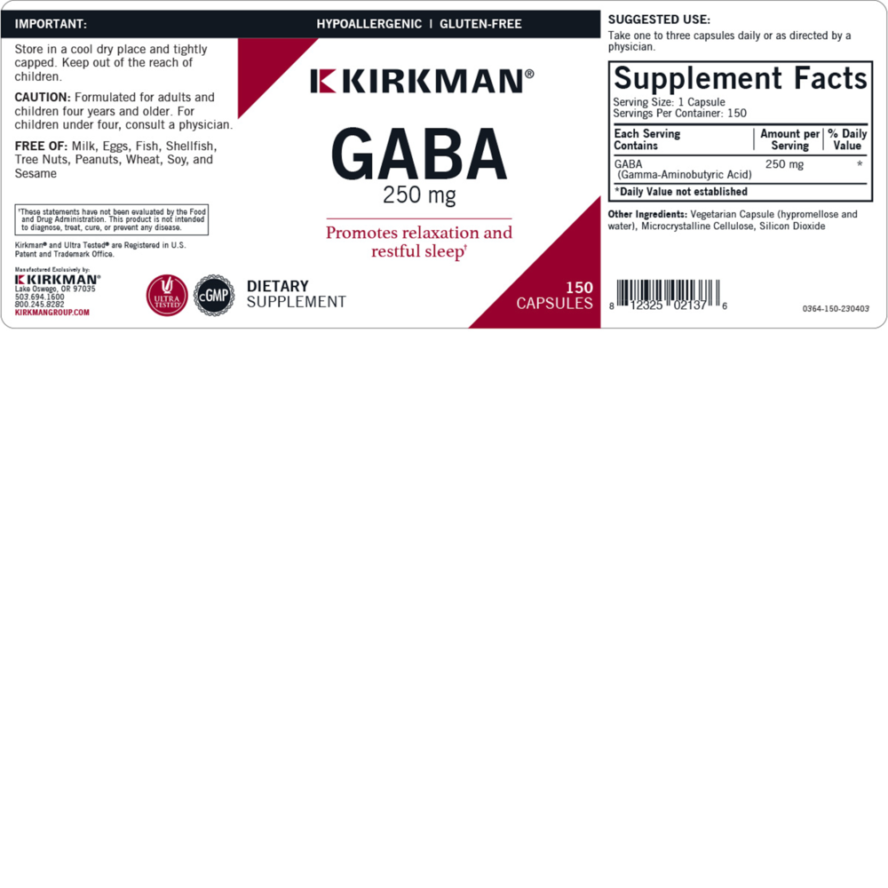 Product image for GABA 250 mg Capsules - Hypoallergenic.