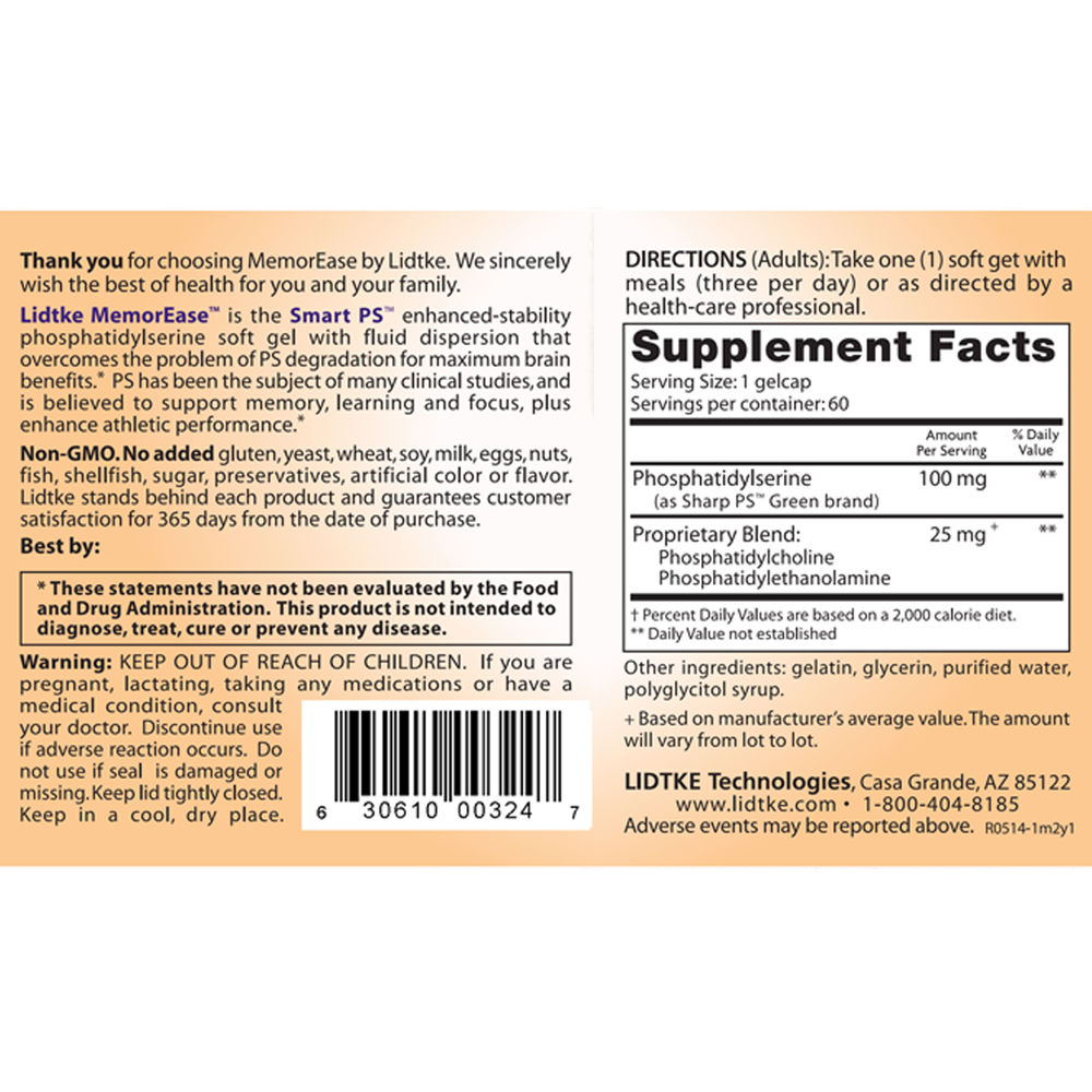 Product image for MemorEase(Phosphatidylserine)100mg.