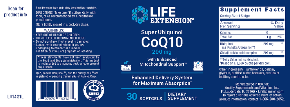 Product image for Super Ubiquinol CoQ10 w&#x2F;Enhanced Mito Support 200mg.
