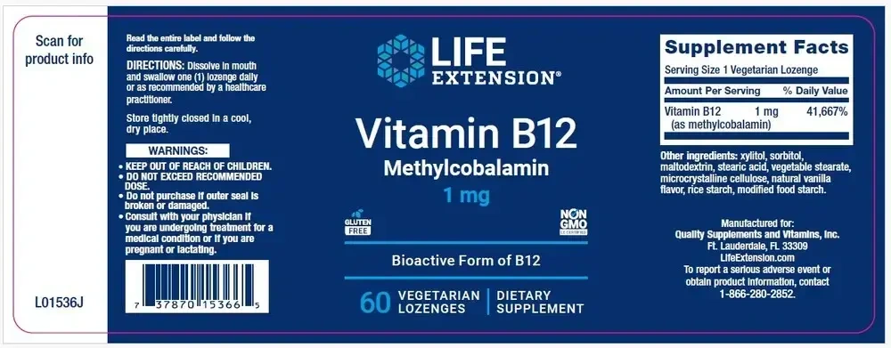 Product image for Vitamin B12 - Methylcobalamin 1mg Lozenges.