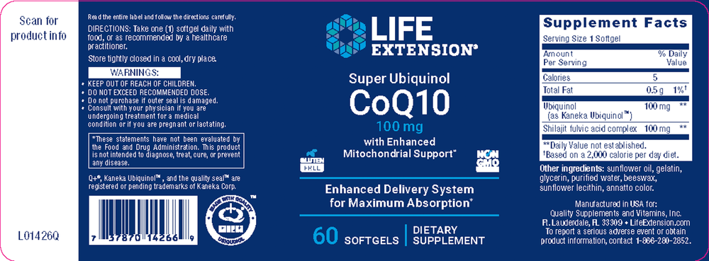 Product image for Super Ubiquinol CoQ10 w&#x2F;Enhanced Mitochondrial 100mg.