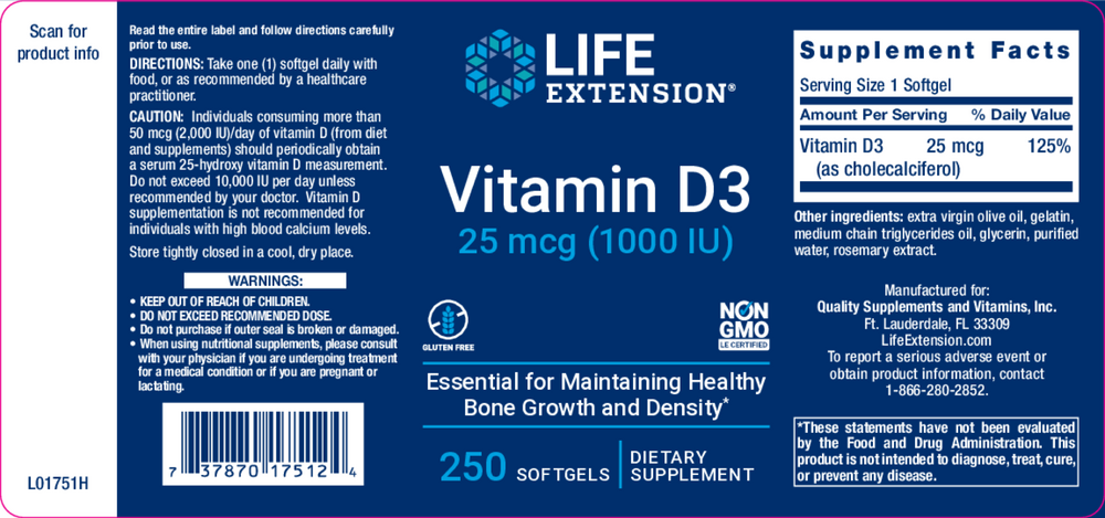 Product image for Vitamin D3 1,000IU.