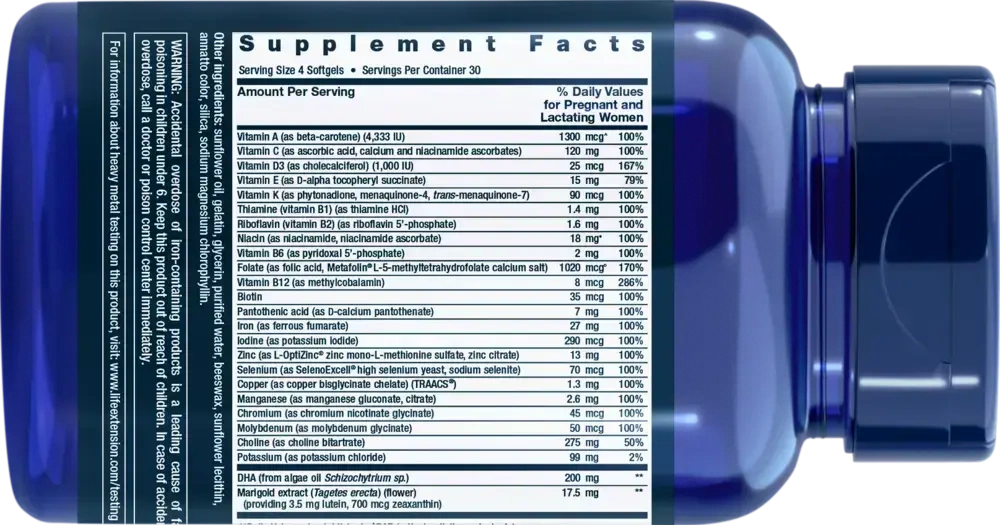 Product image for Women's Health Prenatal Advantage Complete Multivitamin Choline Folic Acid DHA Softgels.