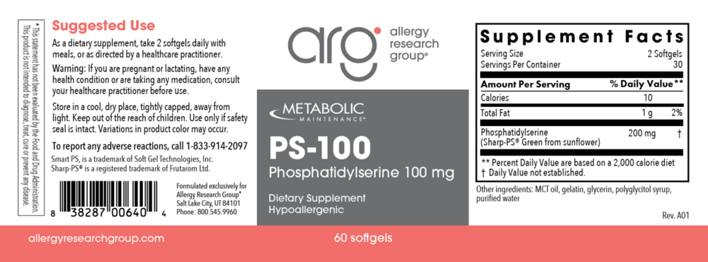 Product image for PS-100 [Phosphatidylserine] 100mg.