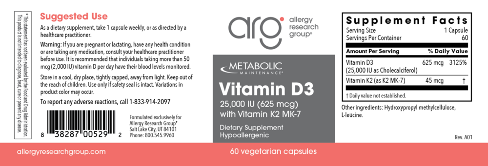 Product image for Vitamin D-3 25000 IU w/ K2 MK-7.