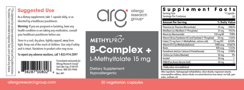 Product image for B-Complex + 15 mg L-Methylfolate.