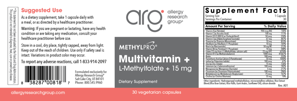 Product image for Multivitamin + 15 mg L-Methylfolate.