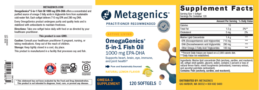 Product image for OmegaGenics® 5-in-1 Fish Oil, 1000mg EPA-DHA, Lemon Flavor Softgels.