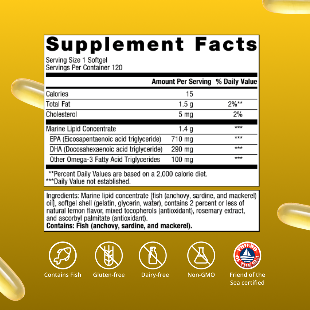 Product image for OmegaGenics® 5-in-1 Fish Oil, 1000mg EPA-DHA, Lemon Flavor Softgels.