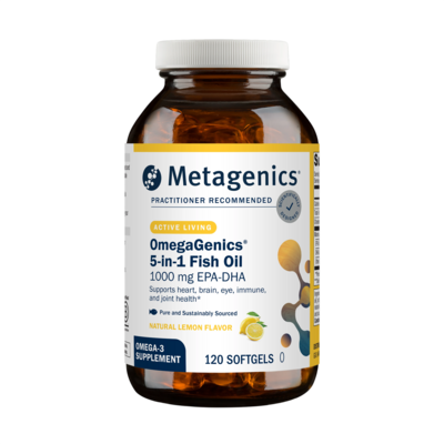 OmegaGenics® 5-in-1 Fish Oil, 1000mg EPA-DHA, Lemon Flavor Softgels (120 Softgels) Product image for OmegaGenics® 5-in-1 Fish Oil, 1000mg EPA-DHA, Lemon Flavor Softgels (120 Softgels).