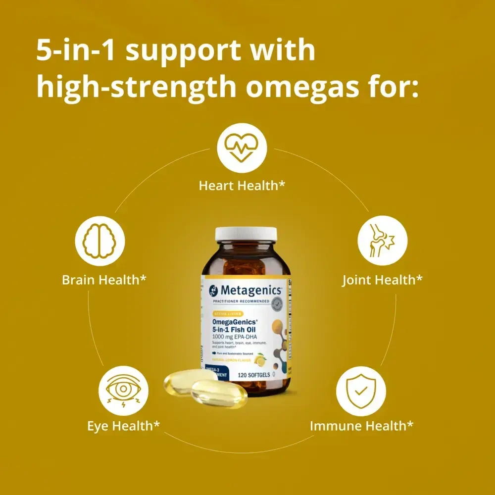 Product image for OmegaGenics® 5-in-1 Fish Oil, 1000mg EPA-DHA, Lemon Flavor Softgels.