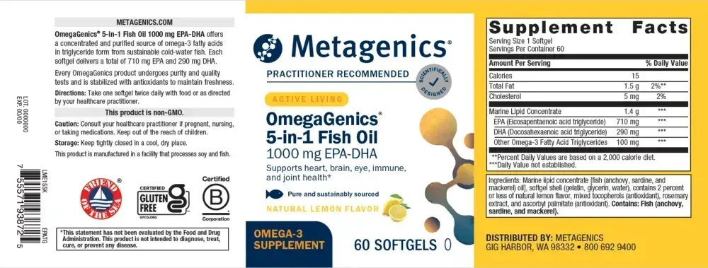 Product image for OmegaGenics® 5-in-1 Fish Oil, 1000mg EPA-DHA, Lemon Flavor Softgels.