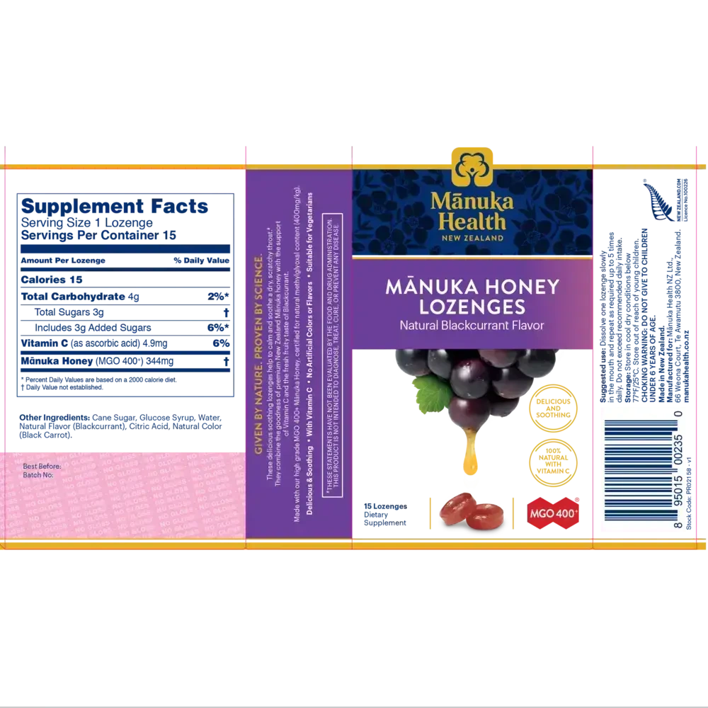 Product image for Manuka Honey Lozenges, elderberry.