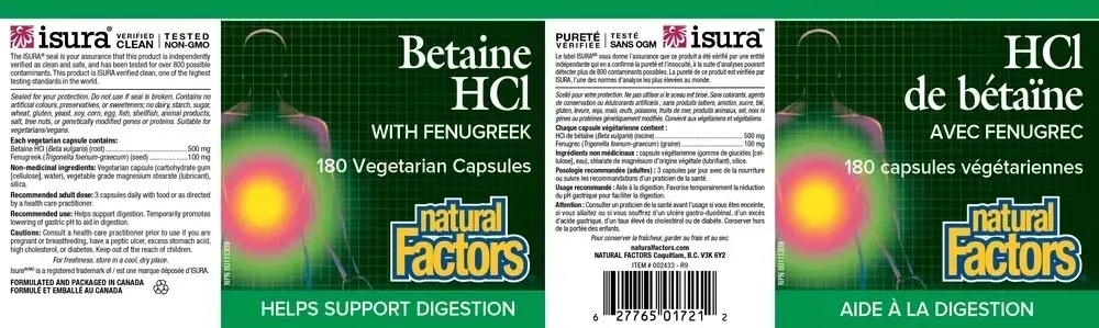 Product image for Betaine Hydrochloride with Fenugreek.