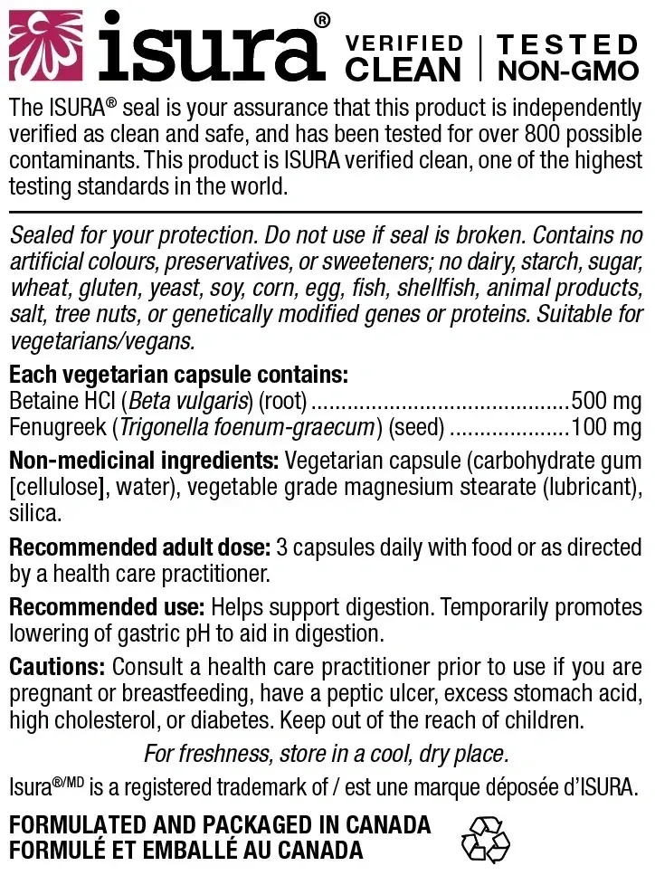 Product image for Betaine Hydrochloride with Fenugreek.