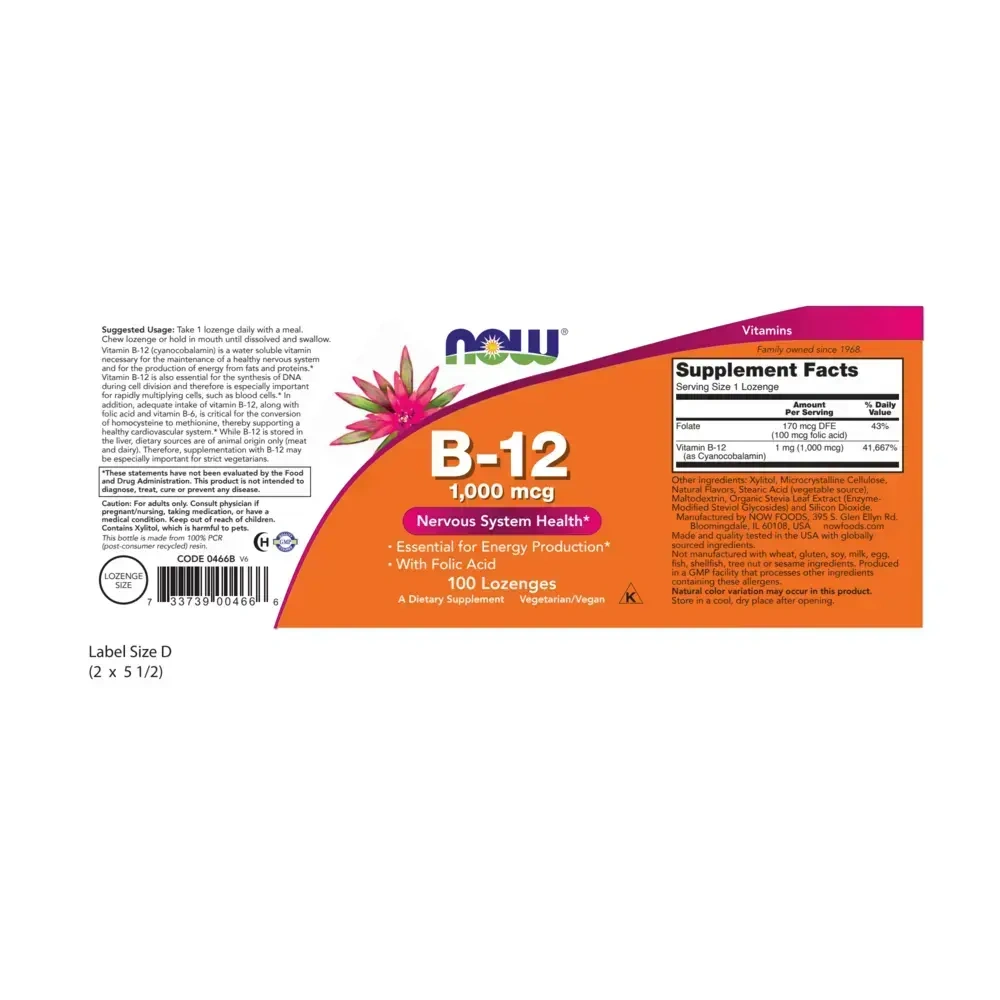 Product image for Vitamin B-12 (1000mcg) w/Folic Acid Chewable.