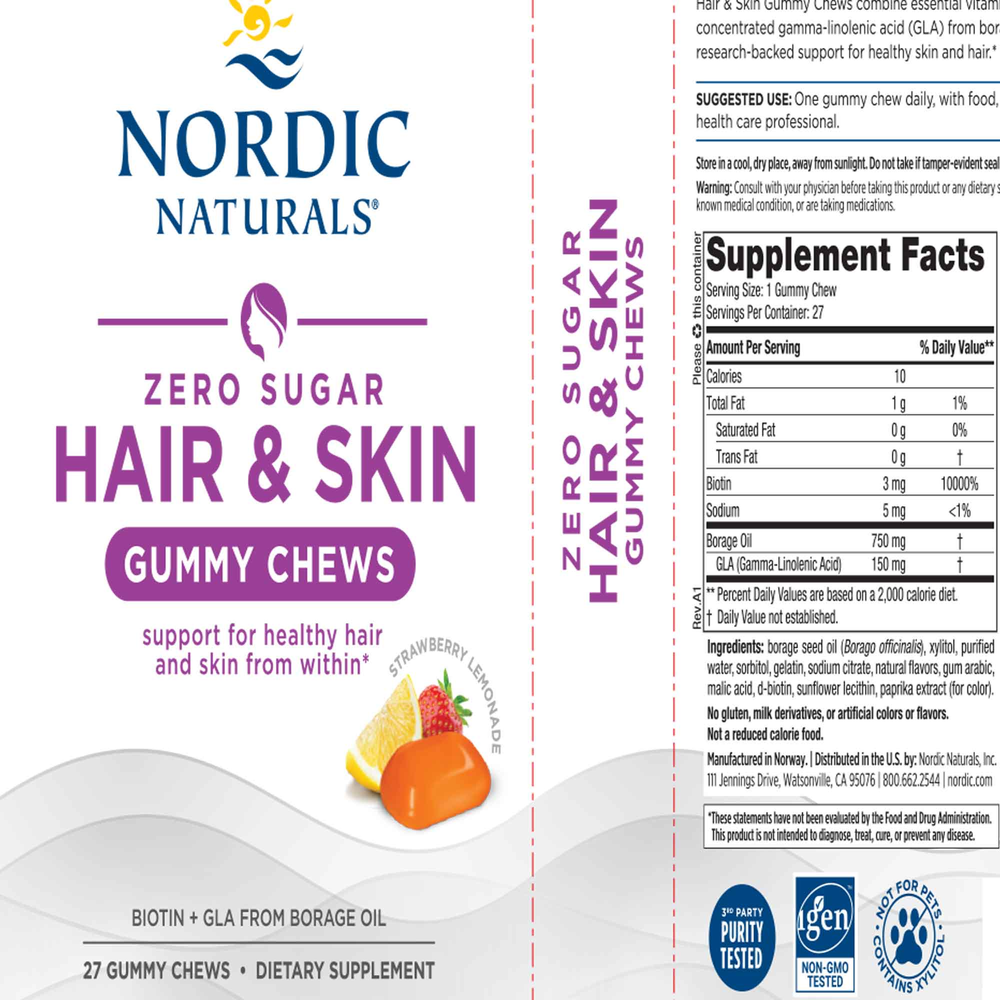 Product image for Zero Sugar Hair &amp; Skin Gummy Chews.