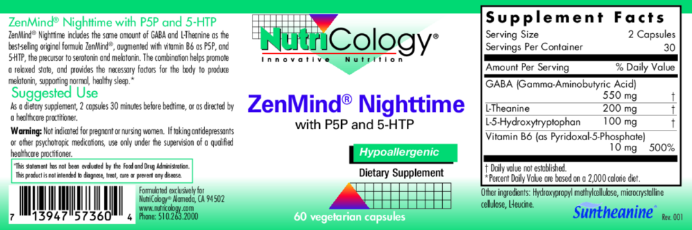 Product image for ZenMind Nighttime with P5P and 5-HTP.