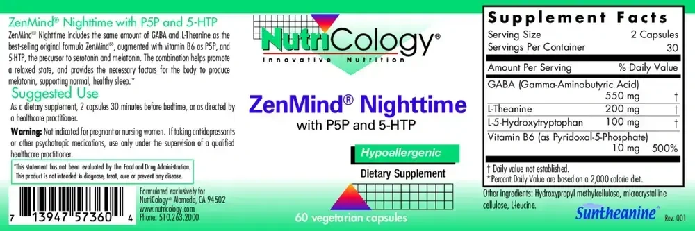 Product image for ZenMind Nighttime with P5P and 5-HTP.