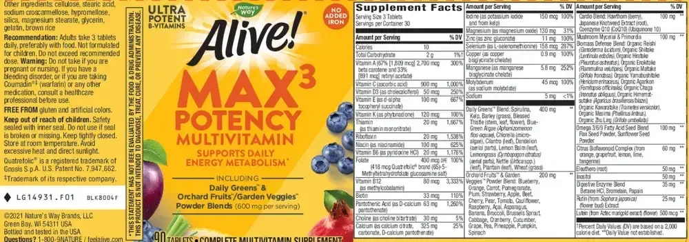 Product image for Alive!® Max3 Daily Multi-Vitamin Iron-free.