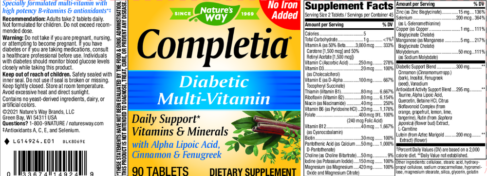 Product image for Completia® Diabetic Multi-Vitamin (iron-free).