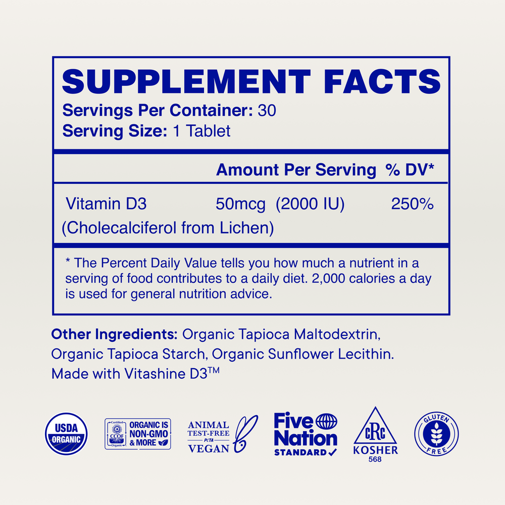 Product image for Sol food Plant-based Vitamin D3 Tablets, 50mcg (2000 IU).