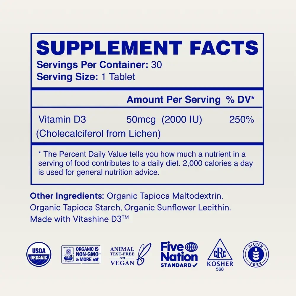 Product image for Sol food Plant-based Vitamin D3 Tablets, 50mcg (2000 IU).