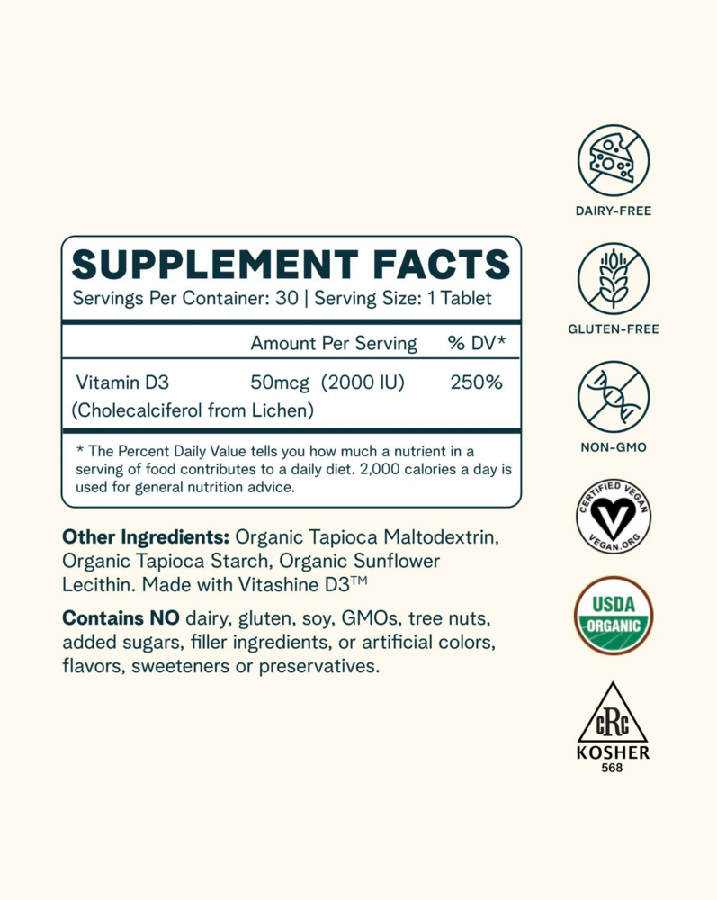 Product image for Sol food Plant-based Vitamin D3 Tablets, 50mcg (2000 IU).