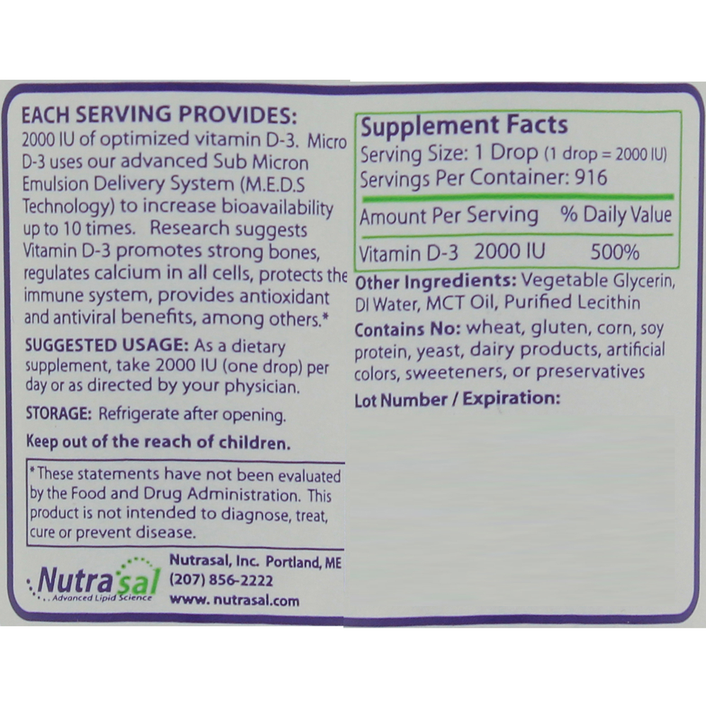Product image for Micro Vitamin D3 2,000IU Liquid.