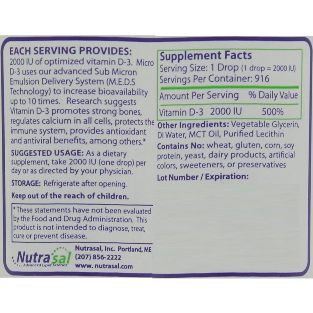 Product image for Micro Vitamin D3 2,000IU Liquid.