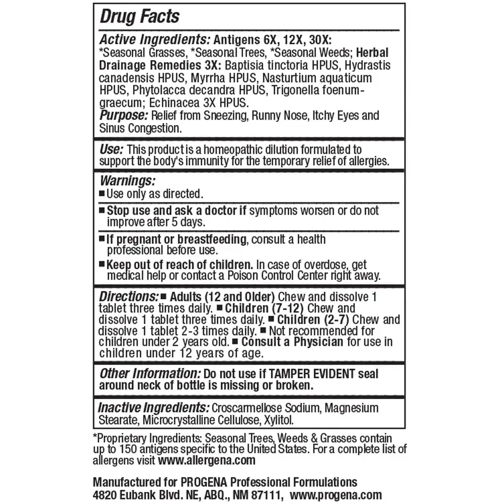Product image for Allergena Seasonal Allergy Tabs.