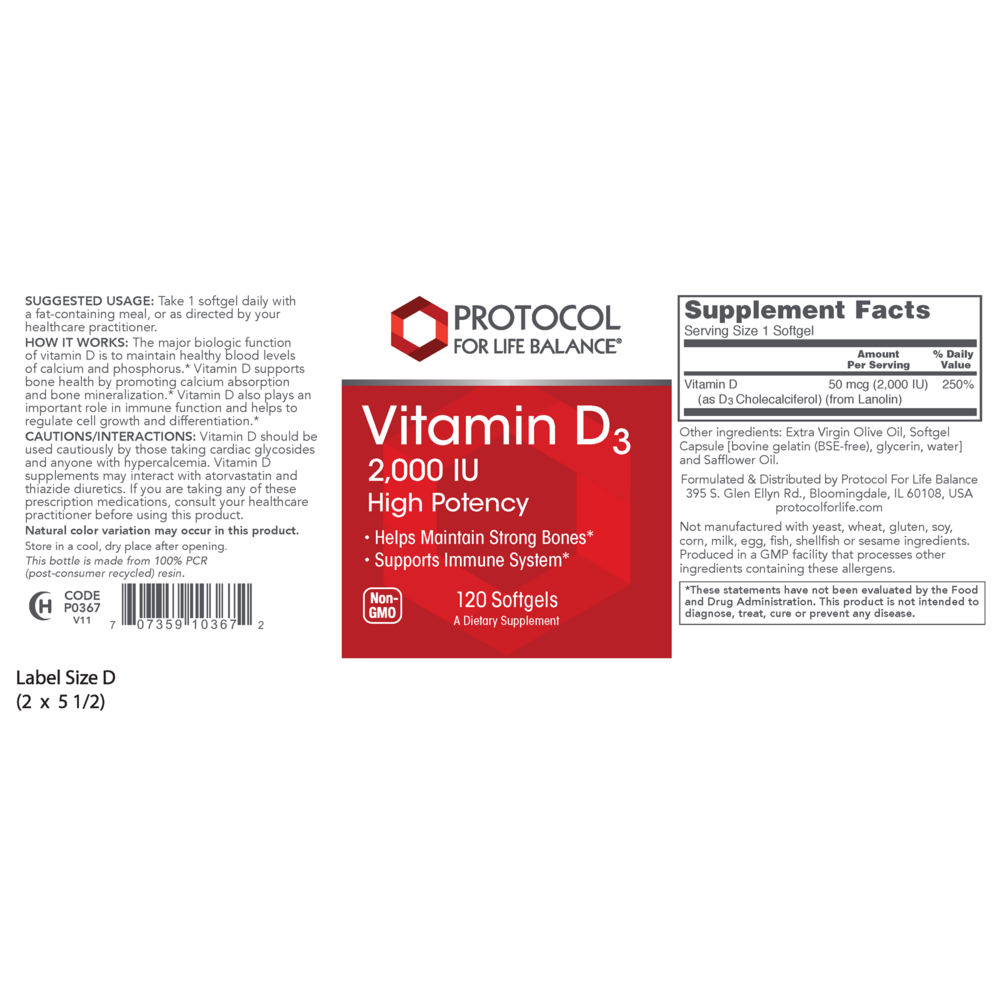 Product image for Vitamin D3 2,000IU.