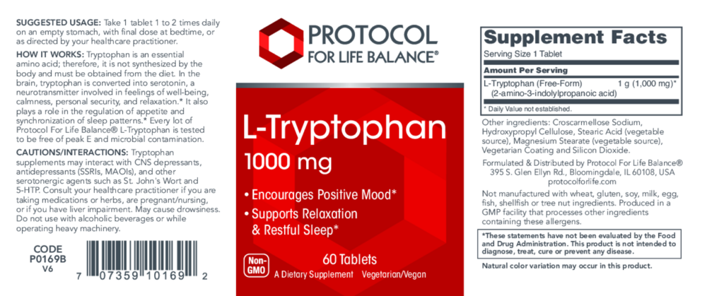 Product image for L-Tryptophan 1000mg.