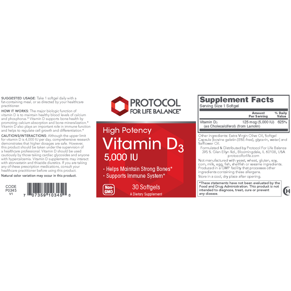 Product image for Vitamin D3 (High Potency) 125 mcg (5,000 IU).