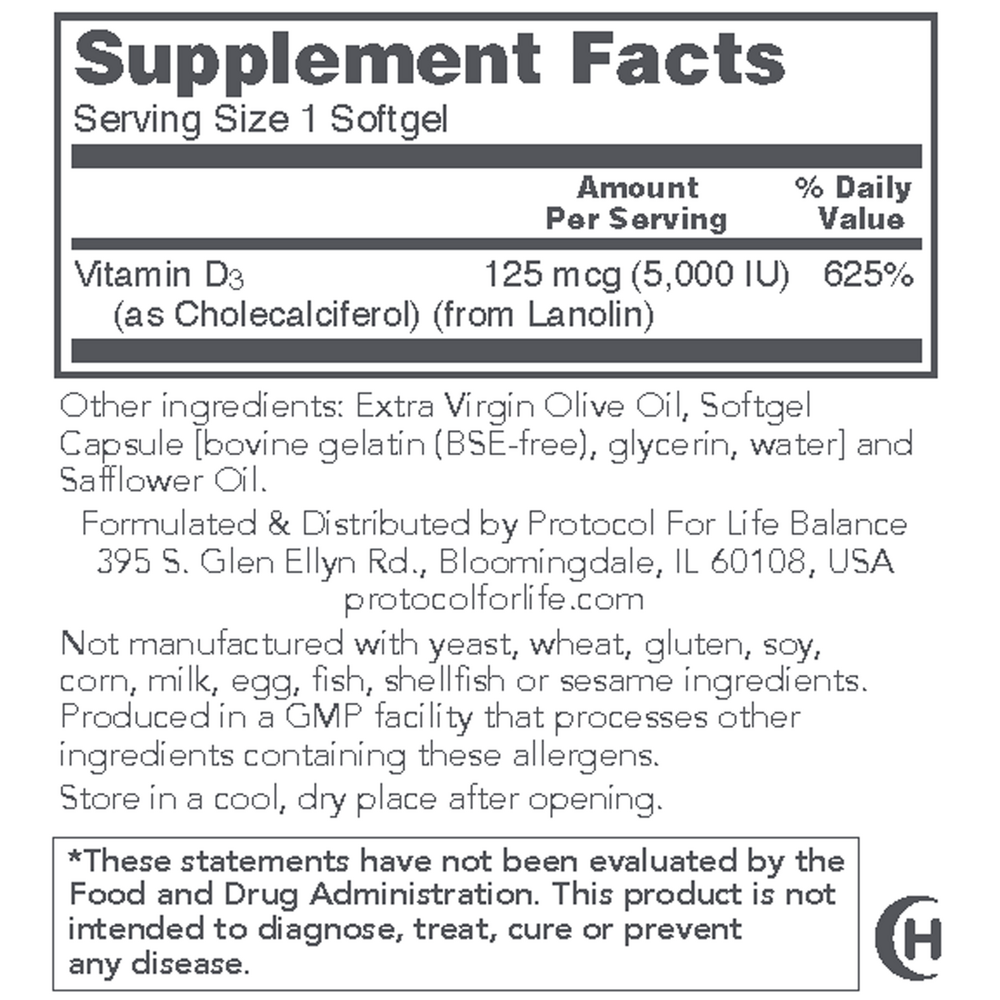 Product image for Vitamin D3 (High Potency) 125 mcg (5,000 IU).