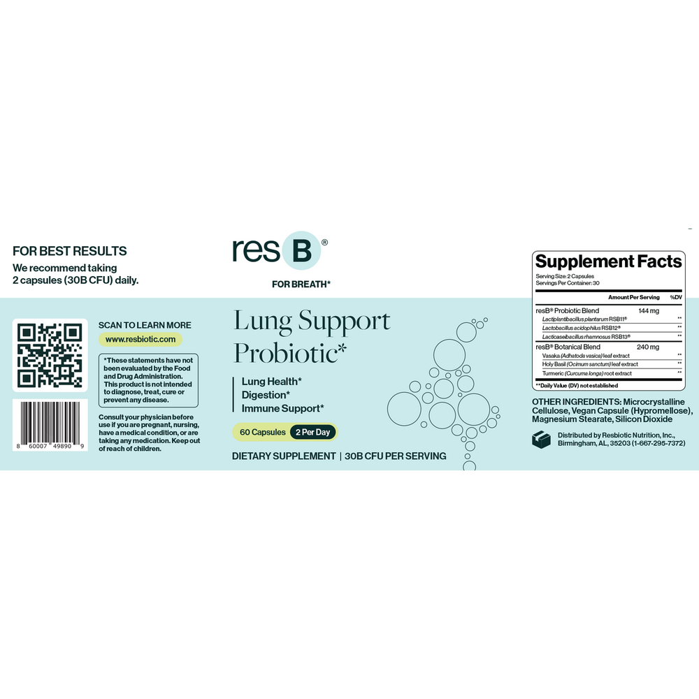 Product image for PRO resB Lung Support Probiotic 2-Pack of 60 Capsules.