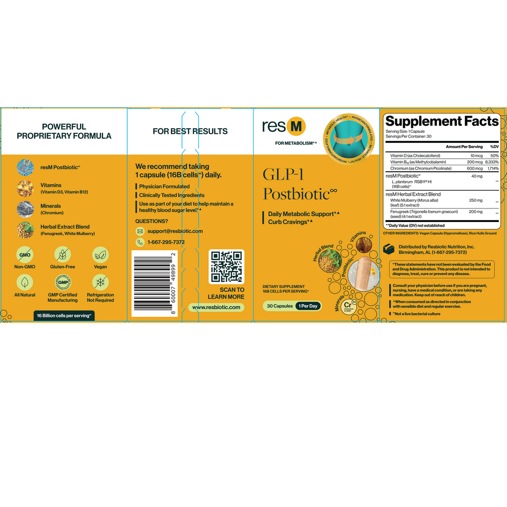 Product image for PRO resM GLP-1 Support Postbiotic 2-Pack of 30 Capsules.
