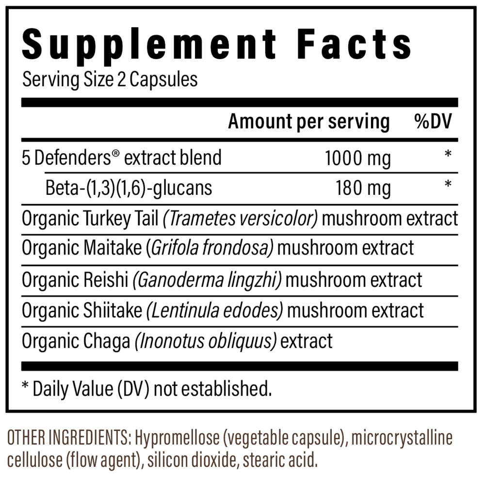 Product image for 5 Defenders™ Mushroom Extract Blend Powder Capsules.