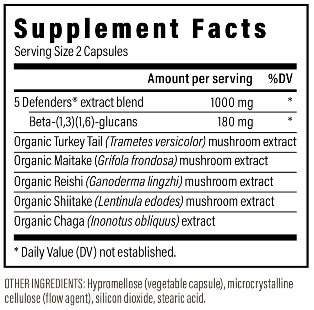 Product image for 5 Defenders™ Mushroom Extract Blend Powder Capsules.