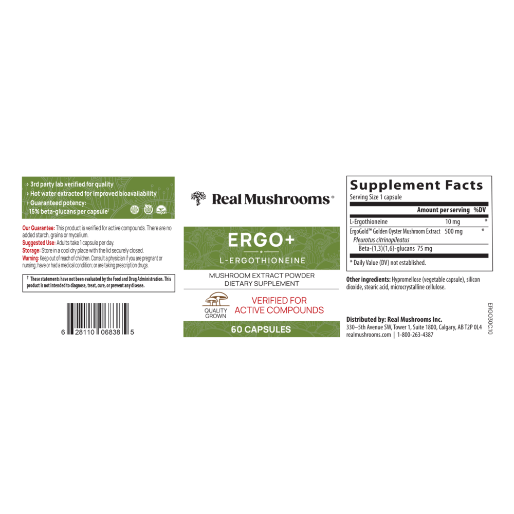Product image for Ergo+ L-Ergothioneine Capsules.