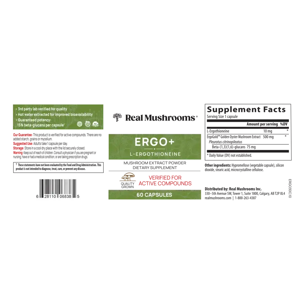 Product image for Ergo+ L-Ergothioneine Capsules.