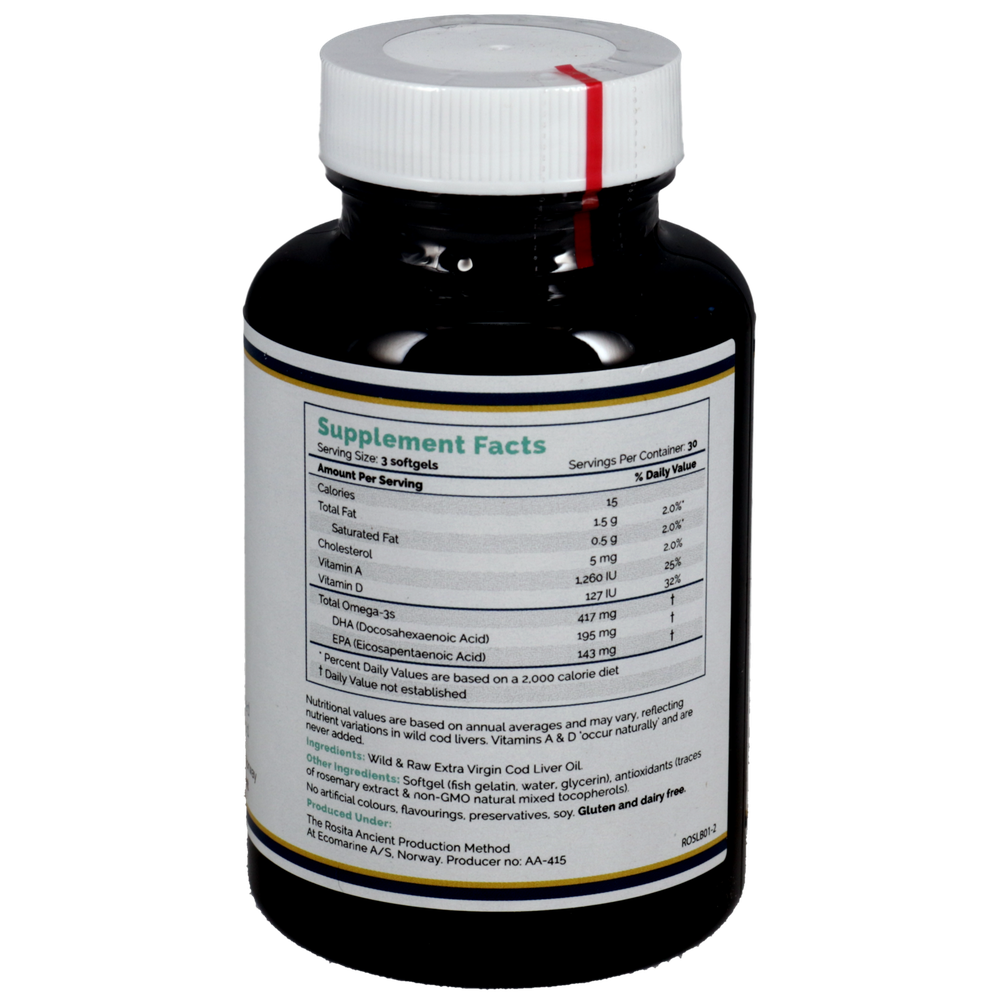 Product image for Rosita Extra Virgin Cod Liver Oil Softgels.