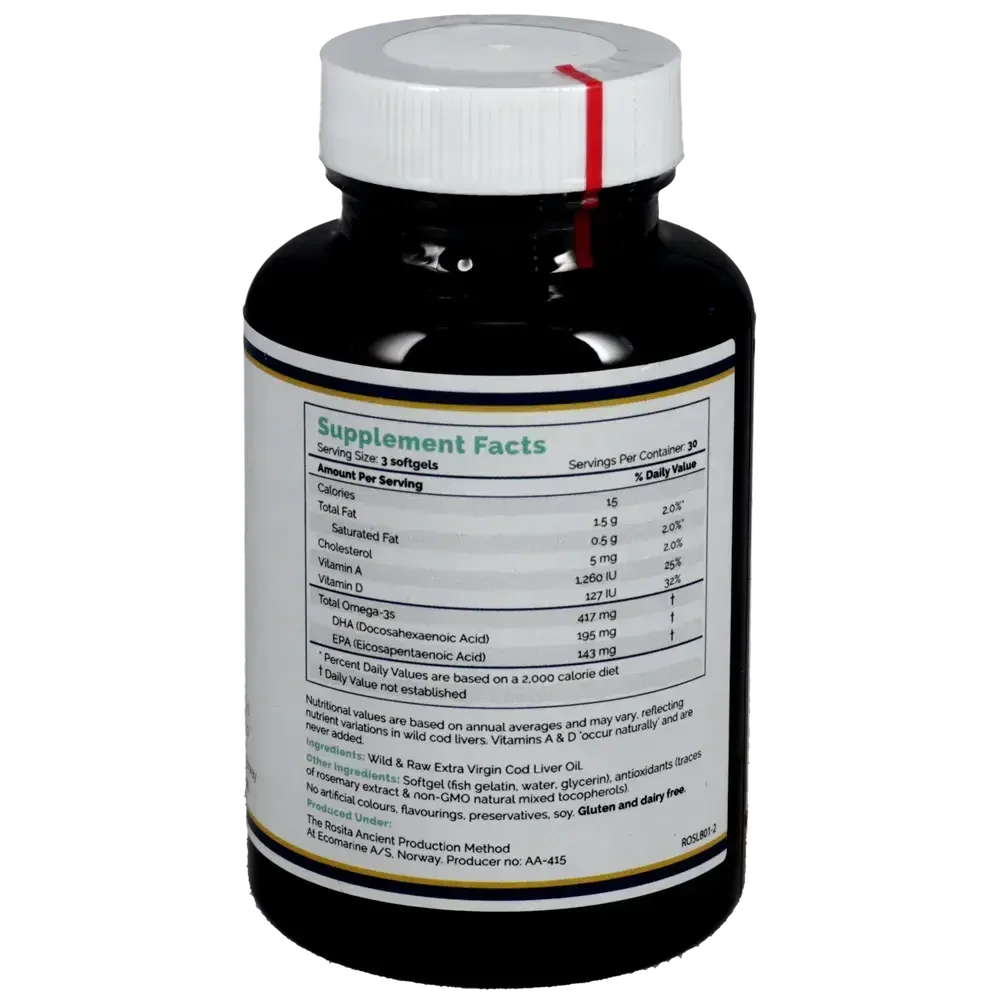 Product image for Rosita Extra Virgin Cod Liver Oil Softgels.