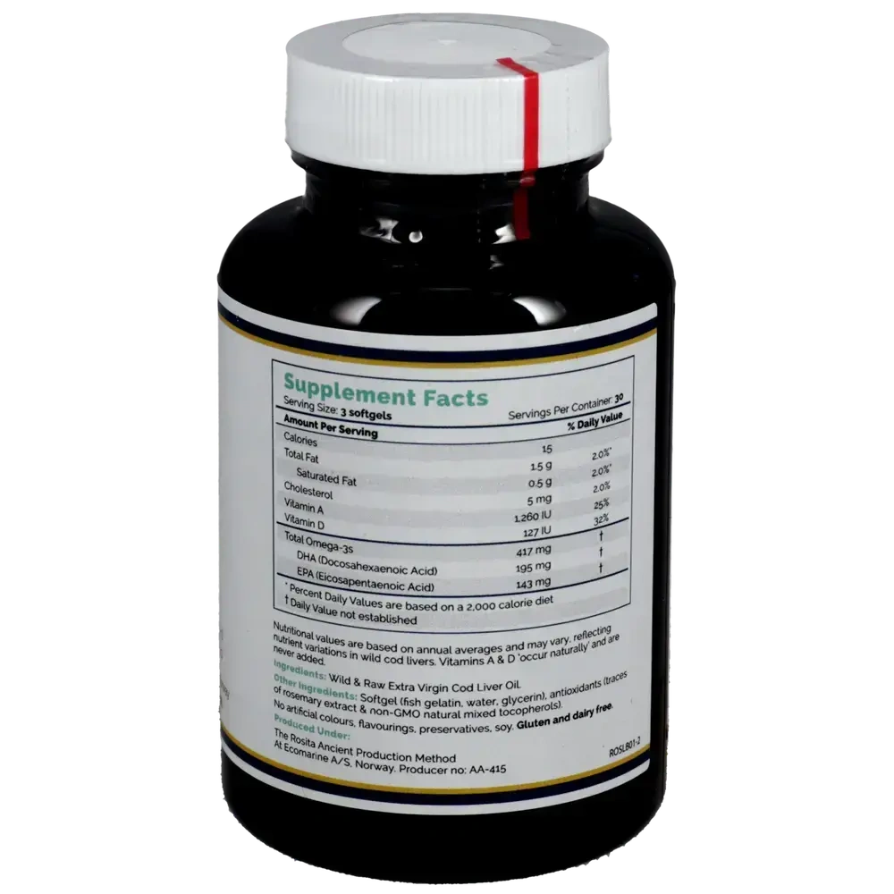 Product image for Rosita Extra Virgin Cod Liver Oil Softgels.