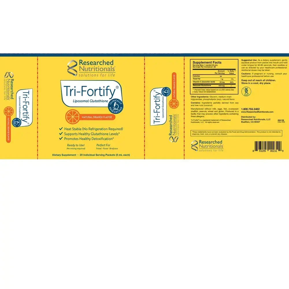 Product image for Tri-Fortify® Liposomal Glutathione Orange 20 pack box.