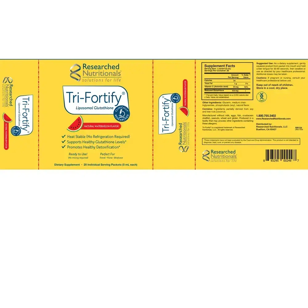 Product image for Tri-Fortify® Liposomal Glutathione Watermelon 20 pack box.