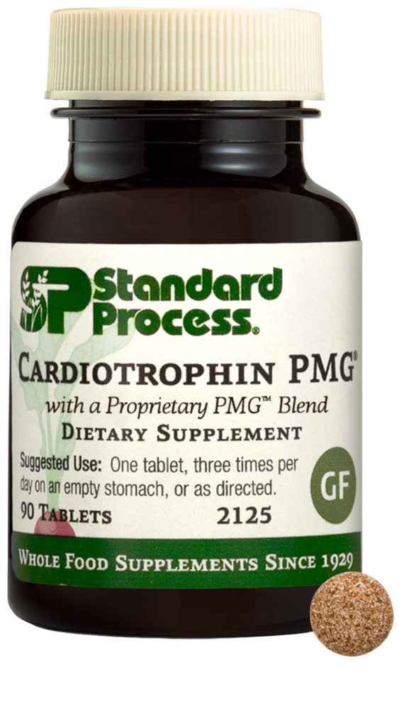 Standard Process Cardiotrophin PMG supplement bottle — bovine heart PMG extract for targeted cardiac support