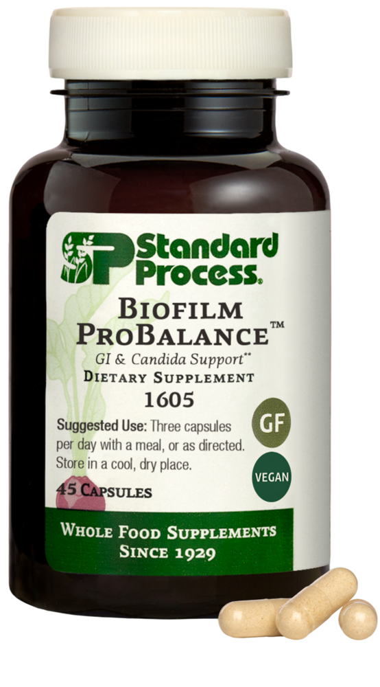 Standard Process Biofilm ProBalance supplement bottle — gut health and microbiome support