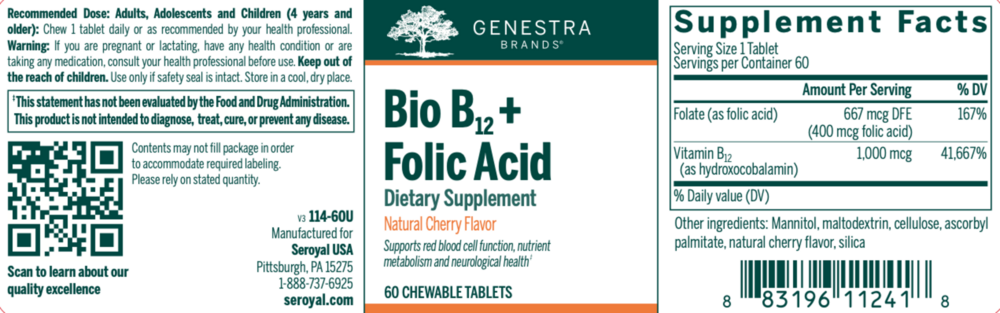 Product image for Bio B12 + Folic Acid Chewable.